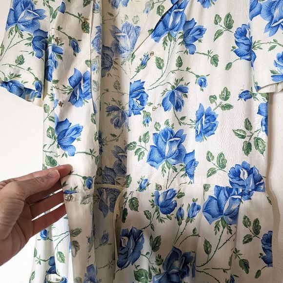 SOLD Vintage 50s Handmade Blue Floral Print Midi Maxi Wrap Dress Short Sleeve - Picture 11 of 16